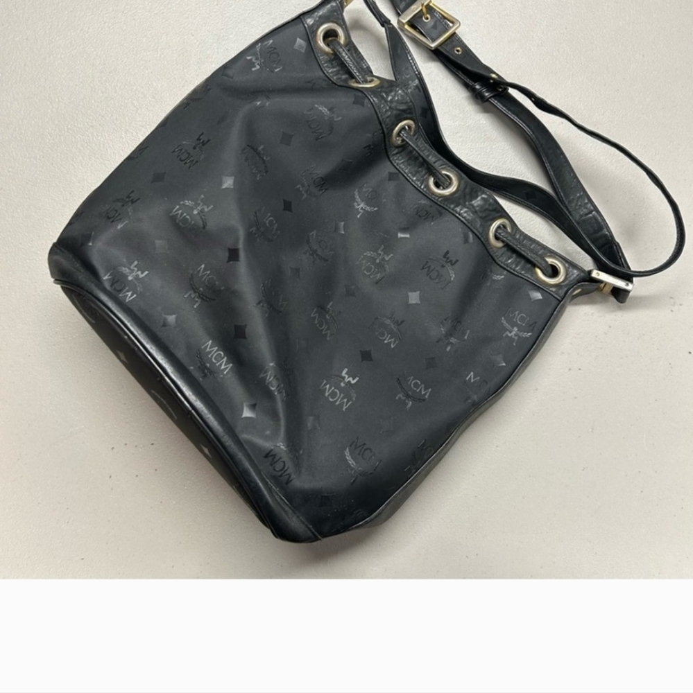MCM Monogram Black Bucket Bag Drawstring Purse Tote Leather Strap Crossbody